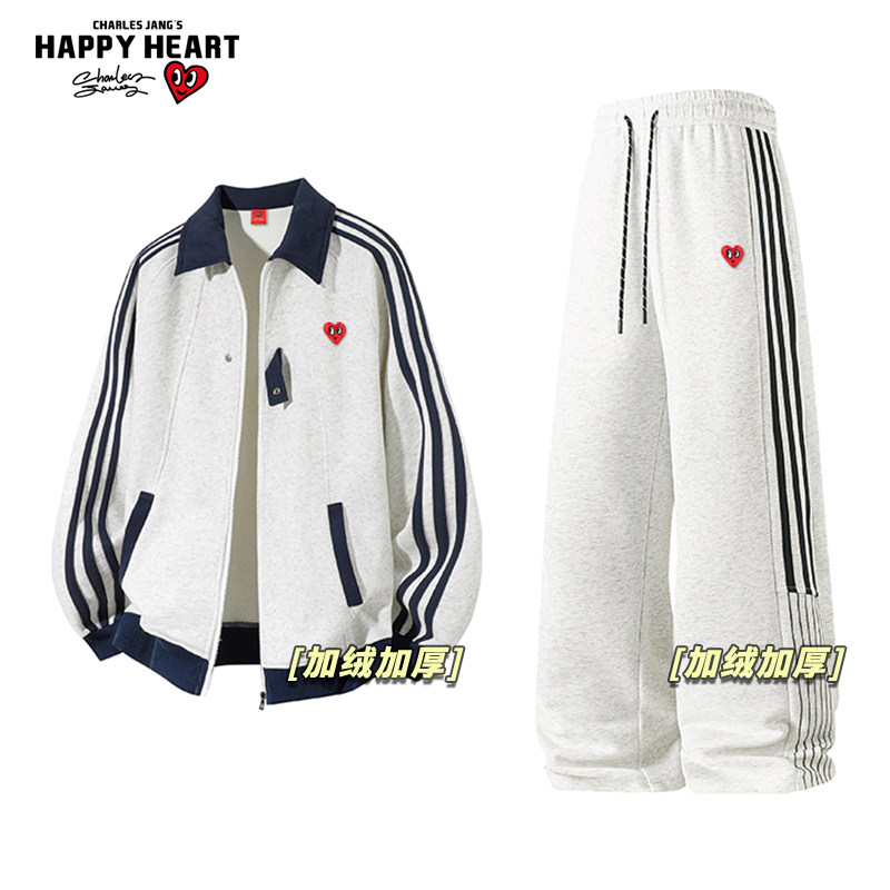 查尔斯桃心加绒加厚休闲套装男冬季2026新款开衫卫衣直筒运动裤子