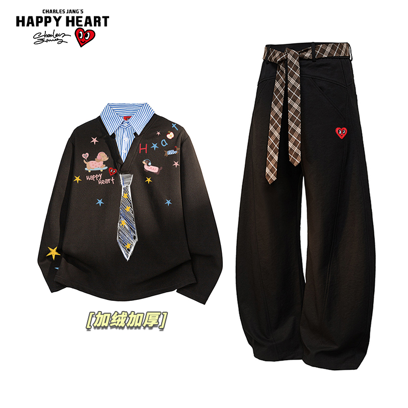 查尔斯桃心休闲套装男女冬季新款印花卫衣加