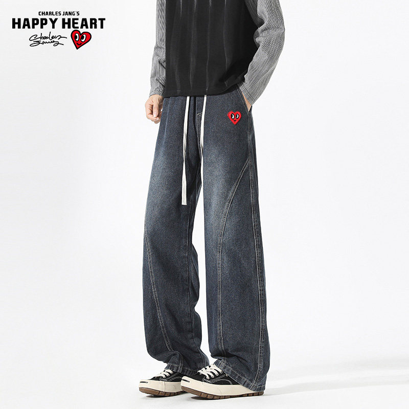 查尔斯桃心 美式解构牛仔裤男复古水洗抽绳宽松阔腿直筒休闲长裤