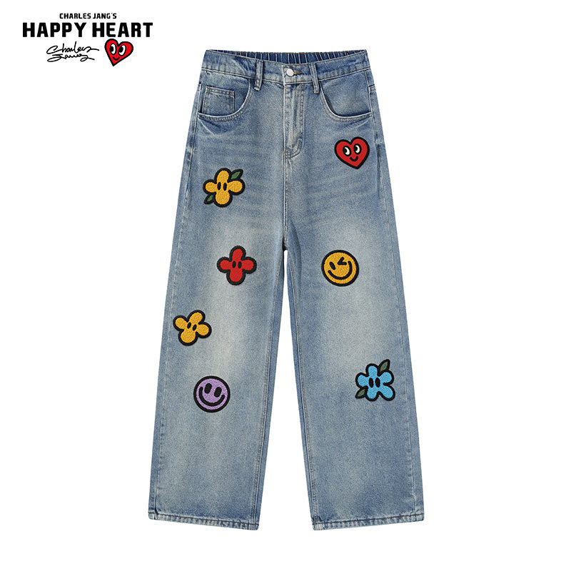 查尔斯桃心 美式仿刺绣直筒牛仔裤男女设计宽松复古花朵休闲裤子