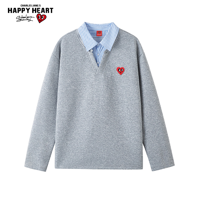 查尔斯桃心格纹衬衫领长袖t恤男