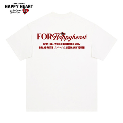 查尔斯桃心 美式复古标语印花纯棉短袖T恤男女夏季宽松百搭情侣