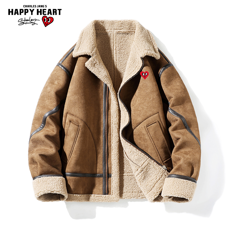 查尔斯桃心 羊羔绒棉服外套男冬季2025新款翻领拼接加绒加厚棉衣