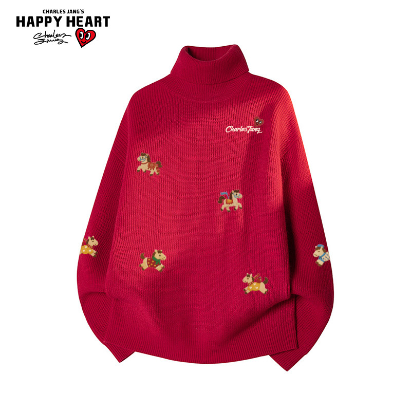 查尔斯桃心半高领针织衫男女冬季新款2026马年宽松保暖休闲毛衣服