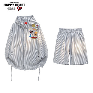 查尔斯桃心条纹连帽长袖衬衫套装男女防晒外套休闲五分短裤两件装