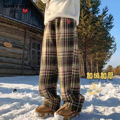 查尔斯桃心美式复古格子裤子男冬季加绒加厚保暖毛呢阔腿休闲长裤