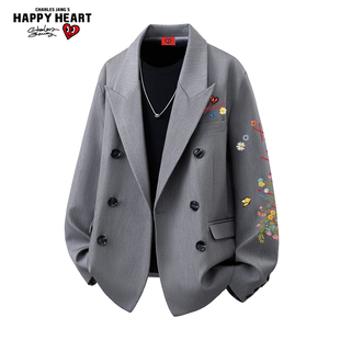 查尔斯桃心 西装夹克男2026春秋季新款双排扣痞帅高级感百搭外套