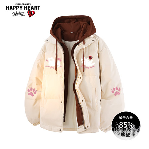 查尔斯桃心小猫印花连帽羽绒服男女冬季宽松