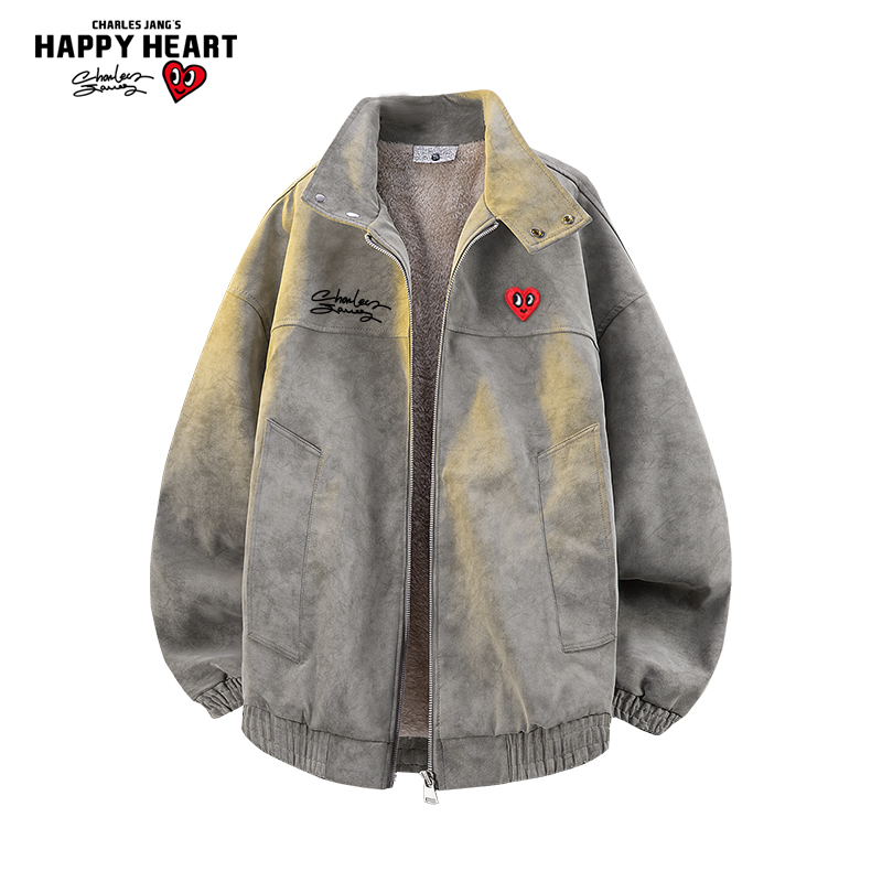 查尔斯桃心美式扎染pu棉服男女