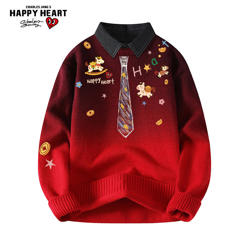查尔斯桃心涂鸦领带针织衫男女马年2026新款冬季线衣慵懒情侣毛衣