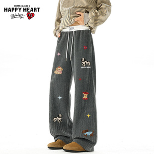 子 拼色百搭小狗印花直筒长裤 查尔斯桃心小香风加绒休闲裤 男女冬季