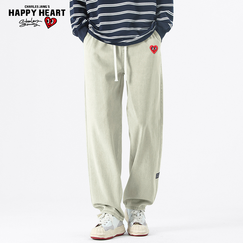 查尔斯桃心 2025年黄泥牛仔裤男春秋季侧边图案抽绳束脚长裤子潮,男装,牛仔裤,淘宝优惠券,粉丝福利购,淘宝优惠卷