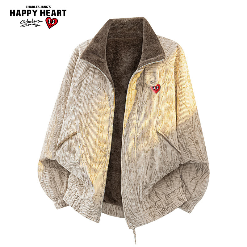查尔斯桃心 灯芯绒加绒加厚棉服男冬季保暖撞色翻领休闲情侣外套