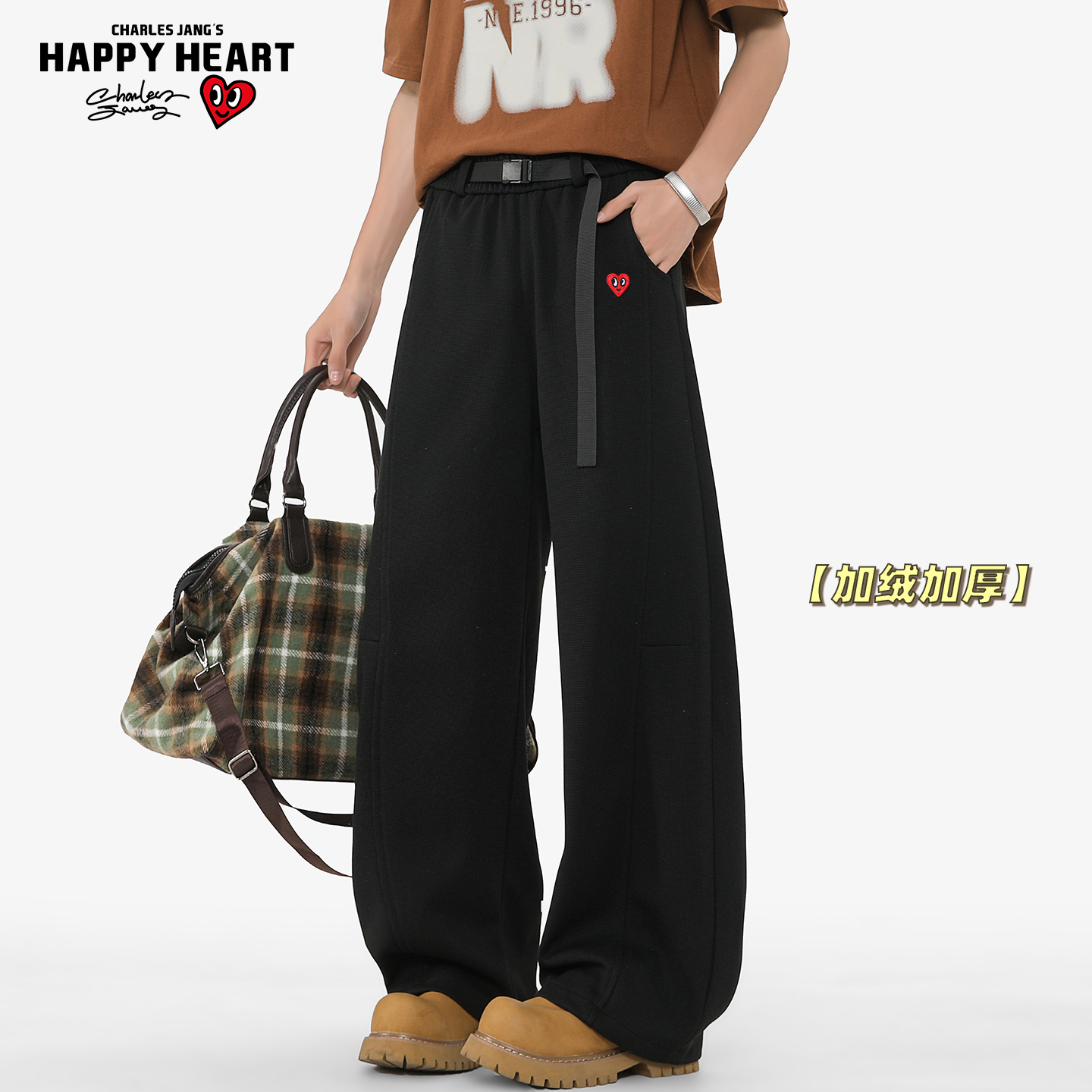 查尔斯桃心银狐绒腰带弯刀裤男冬季加绒加厚大码宽松直筒休闲裤子