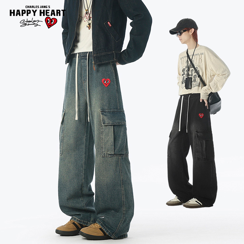 查尔斯桃心复古水洗工装牛仔裤男