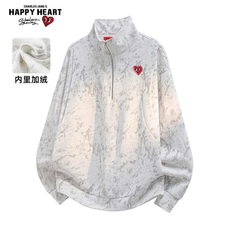 查尔斯桃心 美式扎染半拉链卫衣男春秋冬季新款加绒加厚保暖上衣