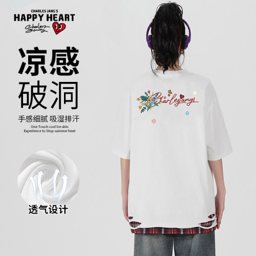 查尔斯桃心美式复古拼接格子破洞字母花卉印花情侣宽松圆领T恤男