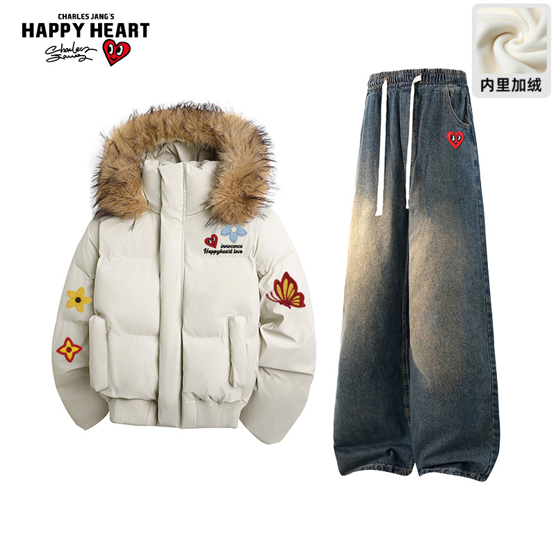 查尔斯桃心毛领连帽棉服套装男女