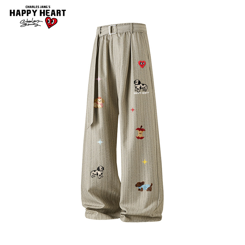 查尔斯桃心趣味小狗老钱风垂感条纹西裤男女春秋季休闲直筒长裤子