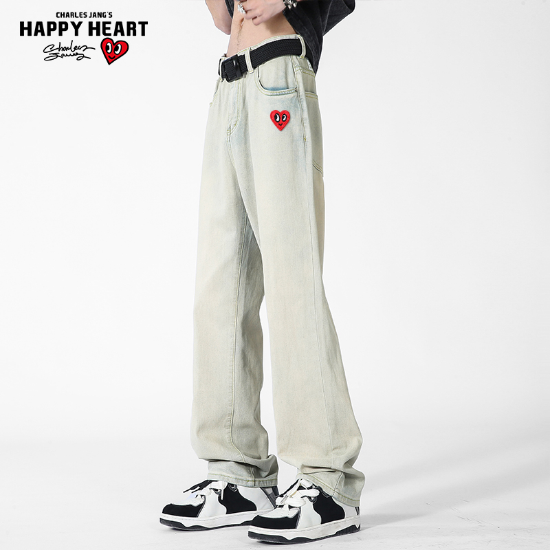 查尔斯桃心美式黄泥水洗牛仔裤