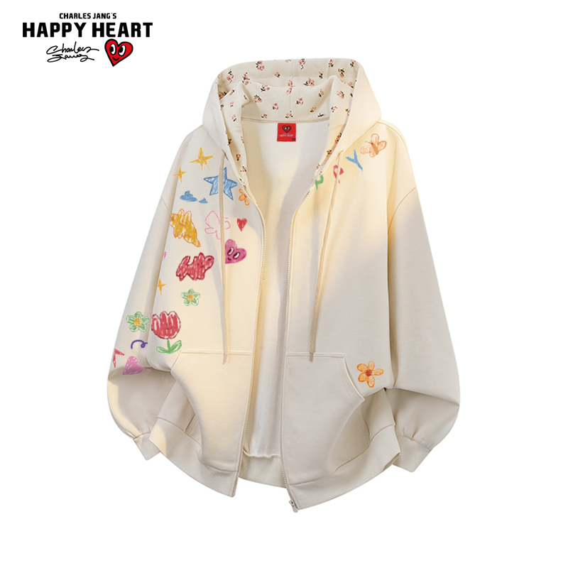 查尔斯桃心卡通涂鸦开衫连帽花卉卫衣男女秋冬季休闲情侣上衣外套