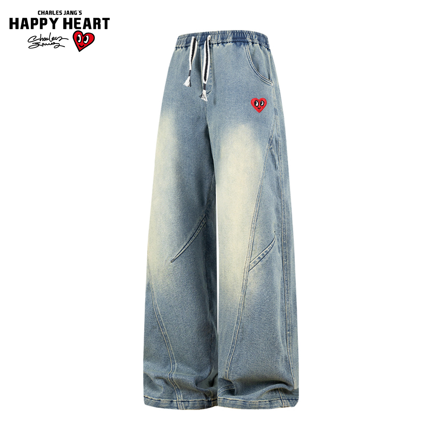 查尔斯桃心 美式解构褶皱牛仔裤男女秋冬季加绒加厚高街阔腿长裤