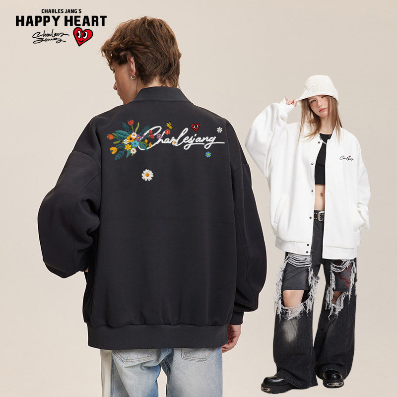 查尔斯桃心花卉印花棒球服外套男
