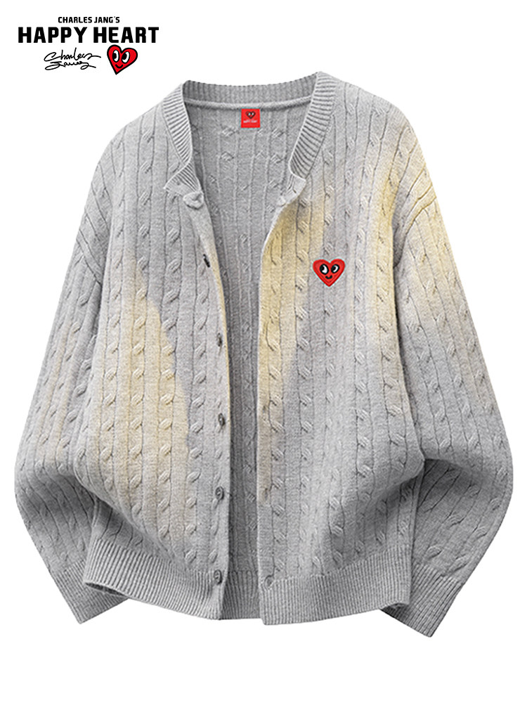 Charles Peach Heart Round Neck Twisted Knit Top for Men and Women, Loose Versatile Fashion Casual Button Top Cardigan Jacket