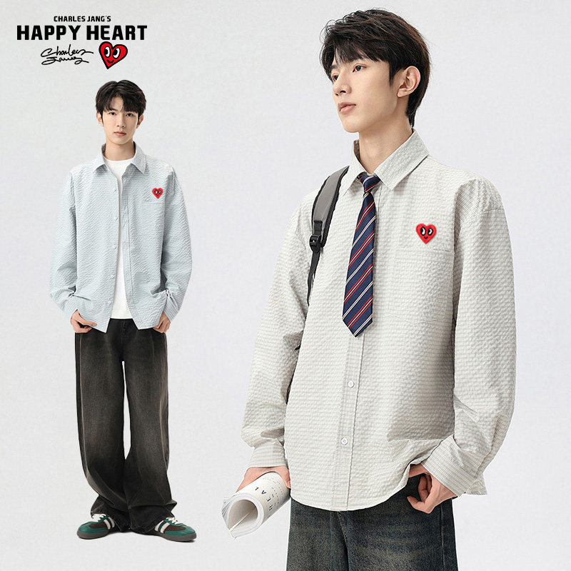 查尔斯桃心长袖衬衫男泡泡格肌理感春秋季新款学院风情侣衬衣外套