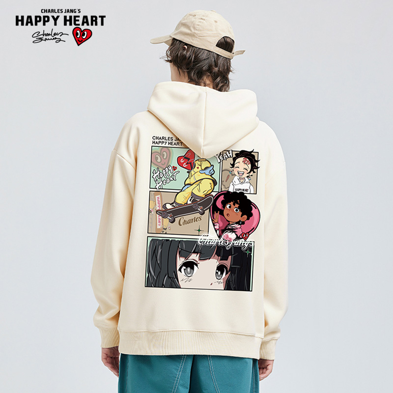 查尔斯桃心 连帽卫衣男春秋季卡通漫画2023新款爱心刺绣套头外套
