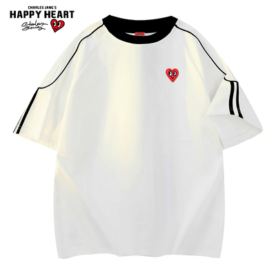 查尔斯桃心 侧边条纹短袖T恤男女夏季撞色宽松美式2025新款半袖