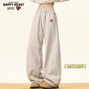 查尔斯桃心泡泡纱格子加绒弯刀休闲裤男女冬季加厚保暖阔腿棉裤子
