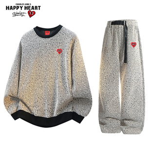 子两件装 小香风圆领卫衣直筒长裤 男女秋冬季 查尔斯桃心休闲套装