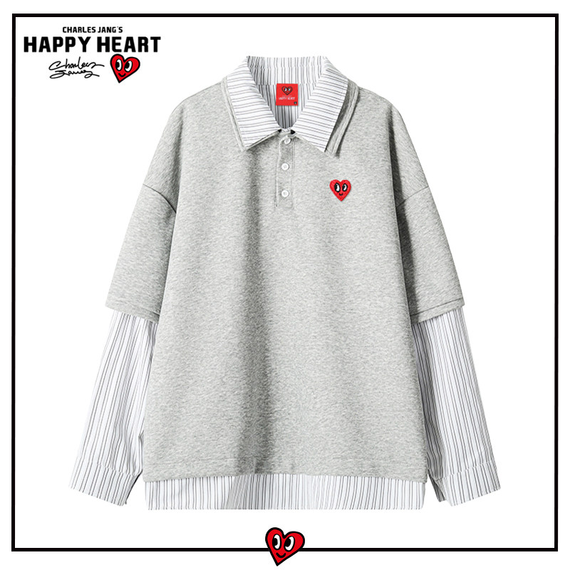 查尔斯桃心美式假两件长袖Polo衫男女款春秋学院风条纹衬衫领T恤