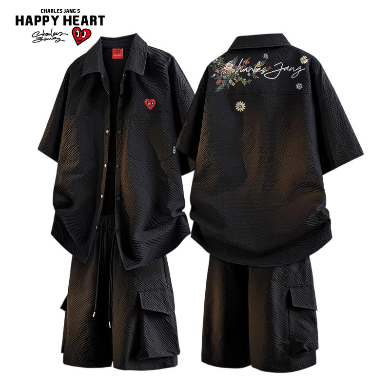查尔斯桃心 花卉印花套装男夏季新款工装短袖衬衫休闲衬衣两件套