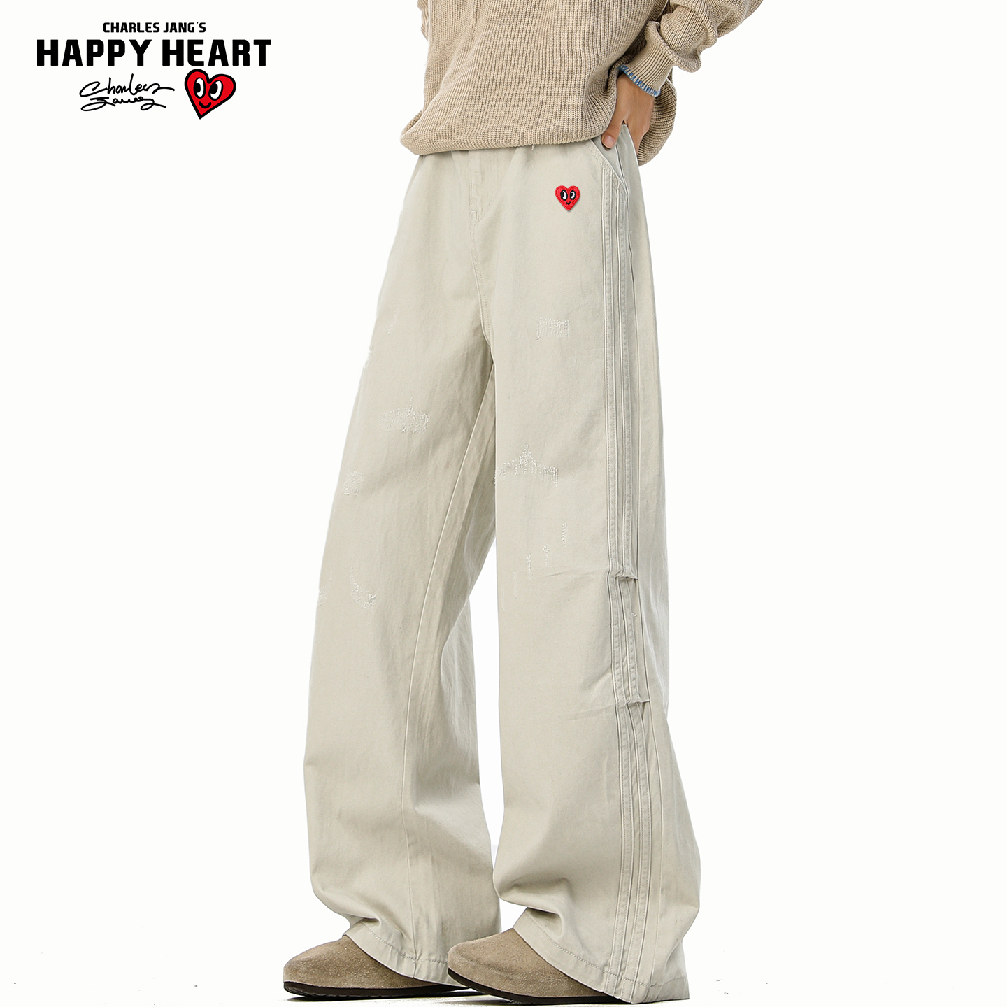 查尔斯桃心美式刮痕cleanfit牛仔裤男春秋冬季宽松直筒阔腿长裤子