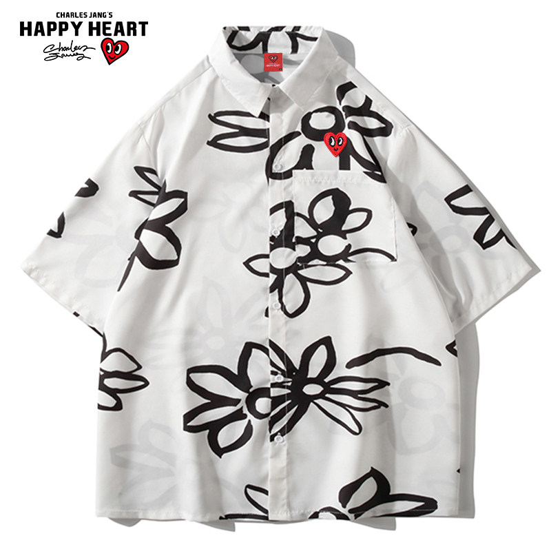 查尔斯桃心 夏威夷海边短袖花衬衫男女夏季薄款度假休闲衬衣外套