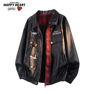 查尔斯桃心腊肠狗印花格子pu皮夹克新款男春秋季休闲潮牌外套上衣