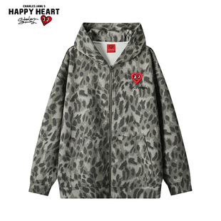 查尔斯桃心重磅豹纹连帽开衫卫衣男秋冬季宽松百搭休闲上衣外套
