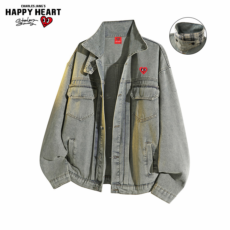 查尔斯桃心美式复古牛仔外套男款春秋季夹克男女生情侣装开衫上衣