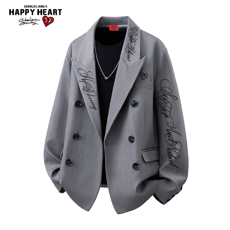 查尔斯桃心 美式手写字母印花西装夹克男春秋新款痞帅高级感外套