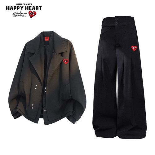 查尔斯桃心假两件西服休闲套装男秋季潮流外套宽松休闲长裤两件装