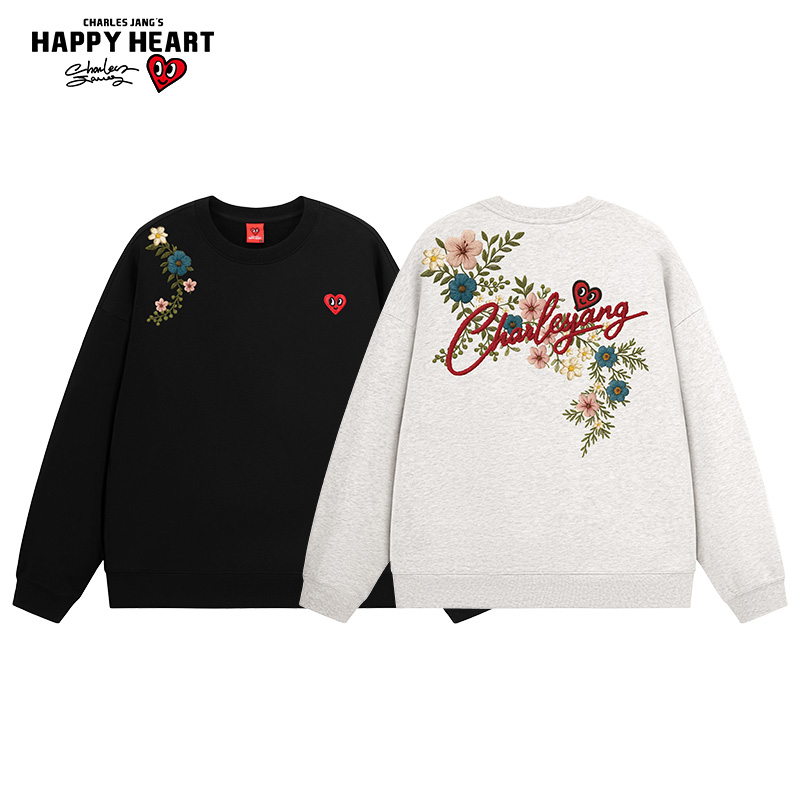 查尔斯桃心仿刺绣花朵纯棉卫衣