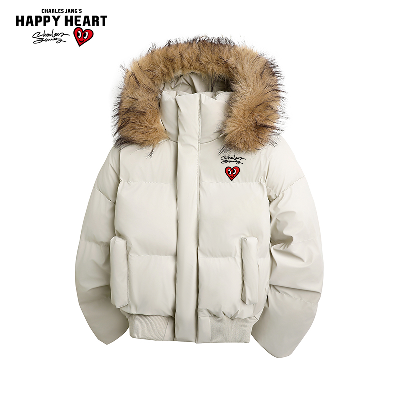 查尔斯桃心连帽短款毛领棉服外套