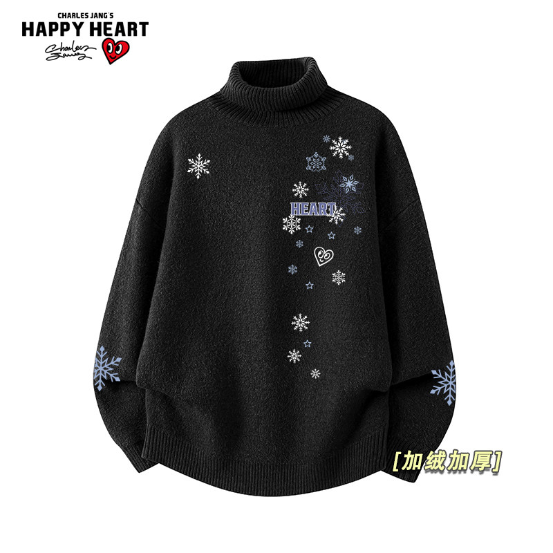 查尔斯桃心雪花印花半高领针织衫男冬季新款休闲加绒加厚保暖毛衣