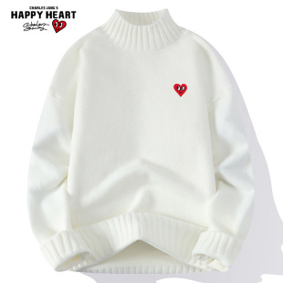 查尔斯桃心 半高领红色毛衣男秋冬季套头2025新款加绒加厚针织衫