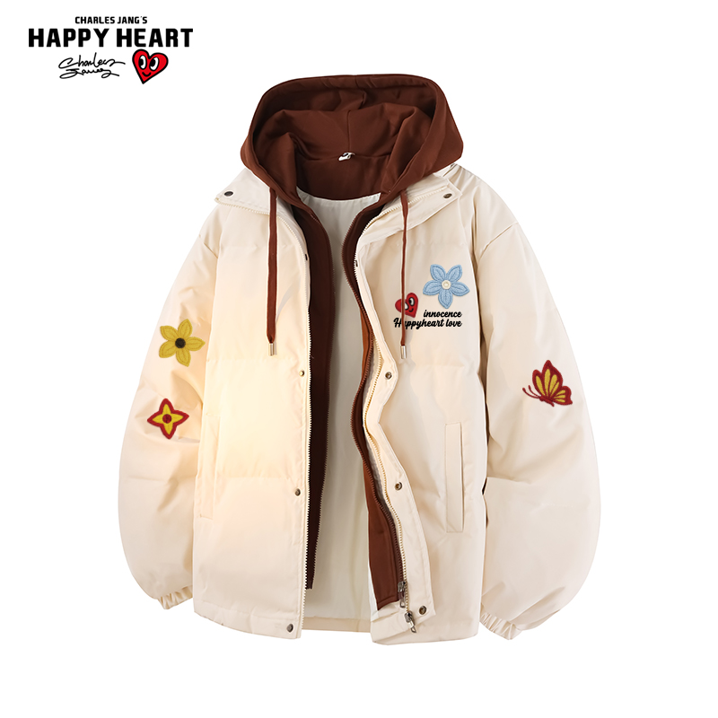 查尔斯桃心花卉印花连帽羽绒服男女冬季2025新款拼接情侣保暖外套