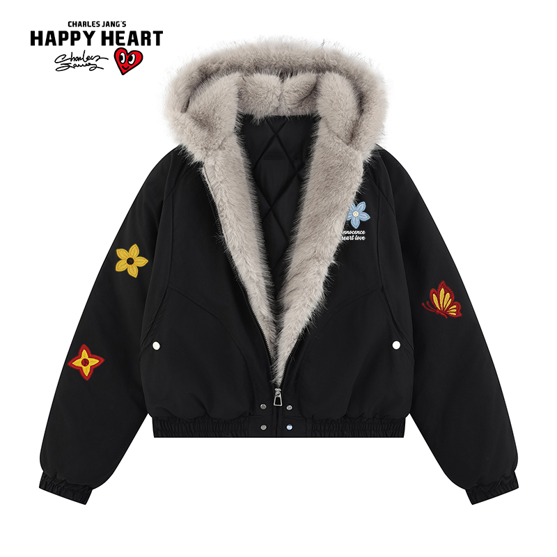 查尔斯桃心座山雕加厚连帽棉服男