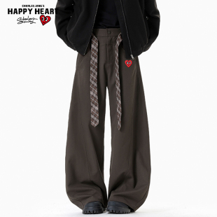 阔腿休闲长裤 子男女秋冬老钱风加绒加厚弯刀西裤 裤 查尔斯桃心美式