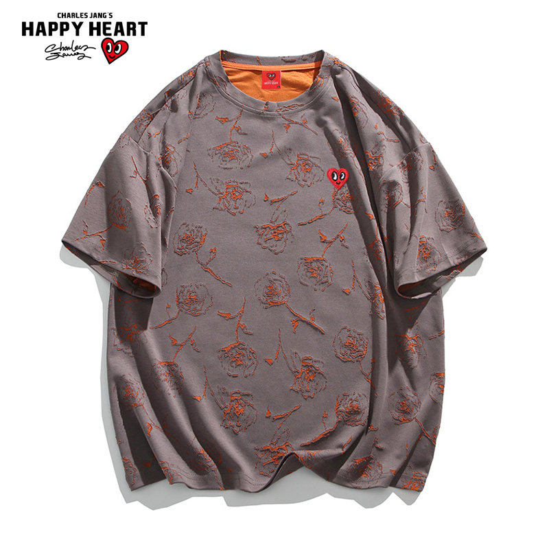 查尔斯桃心 短袖t恤男美式玫瑰满印夏季纯棉潮牌百搭新款落肩上衣,男装,T恤,淘宝优惠券,粉丝福利购,淘宝优惠卷